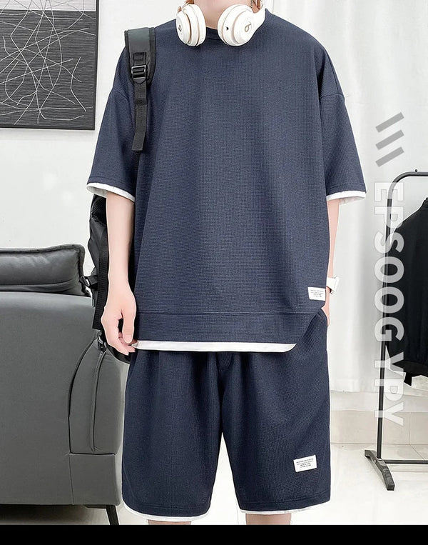 Two Piece Set Linen Fabric Casual T-Shirt and Shorts Tracksuit