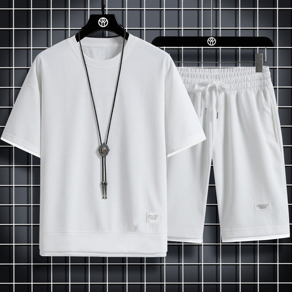 Two Piece Set Linen Fabric Casual T-Shirt and Shorts Tracksuit