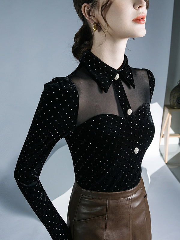 Black Vintage Doll Collar Polka Dot Gold Velvet Top Women's Autumn and Winter Gauze Splicing Perspective Sexy T-shirt
